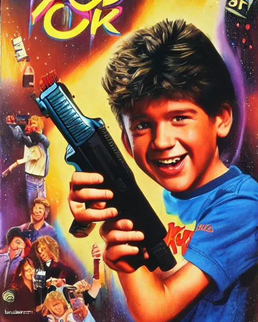 Prompt: 80s movie poster where a happy boy befriends a magic GLOCK 17, Drew Struzan