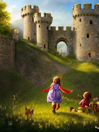 Image similar to children playing inside a meadow inside the castle walls. intricate, elegant, highly detailed, digital painting, artstation, concept art, sharp focus, illustration, by justin gerard and artgerm, 8 k