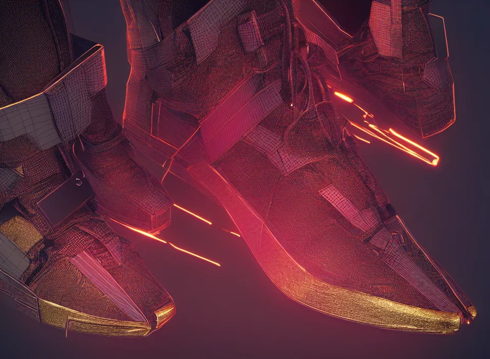 Prompt: realistic 3 d render of a cyberpunk android sneaker, beautiful studio lighting, soft, sharp focus, neon cyberpunk highlights, intricate detail, gold and red accents, soft rubber, octane render, side view, close up, trending on artstation, deviantart, issey miyake, lloyd wright, gaugin