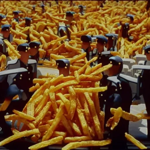 Prompt: Monsters made of French Fries fighting Star Fleet Officers in the mess, film still from the movie directed by Denis Villeneuve with art direction by Salvador Dalí,