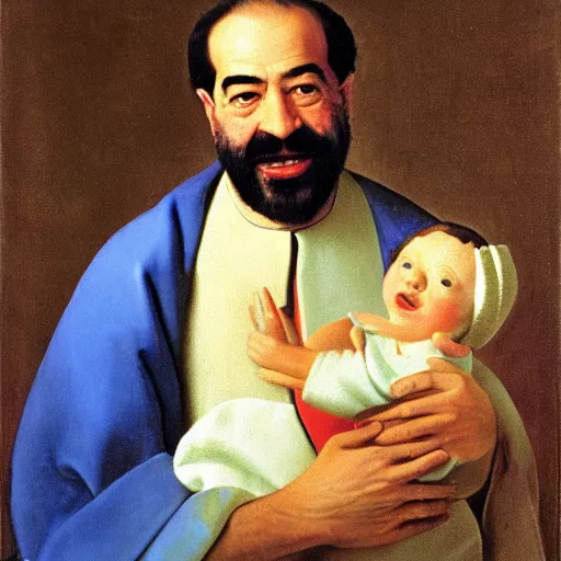 Prompt: A portrait of Saddam Hussein smiling and holding a baby gently in his arms by Johannes Vermeer