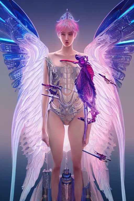 Image similar to portrait futuristic goddess angel Girl with wings and sword, in future cyberpunk tokyo rooftop , ssci-fi, fantasy, intricate, very very beautiful, elegant, human anatomy, human structure, neon light, highly detailed, digital painting, artstation, concept art, smooth, sharp focus, illustration, art by tian zi and WLOP and alphonse mucha