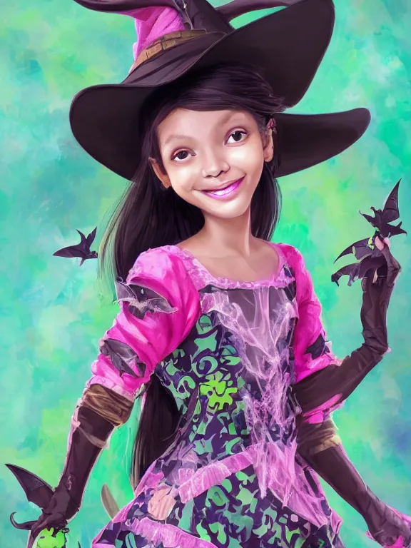 Prompt: Full shot of a cute mischievous young witch about to get up to some trouble with her playful bat familiar. Latin American fashion. Floral patterns. Swarm of Bats. Bat Wings. Black and Pink and Lime Green palette. Magic. Latina girl. brown skin. defined facial features, symmetrical facial features. Smiling. By Ruan Jia and Artgerm and Range Murata and WLOP and Ross Tran and William-Adolphe Bouguereau. Key Art. Fantasy Illustration. award winning, Artstation, intricate details, realistic, Hyperdetailed, 8k resolution.