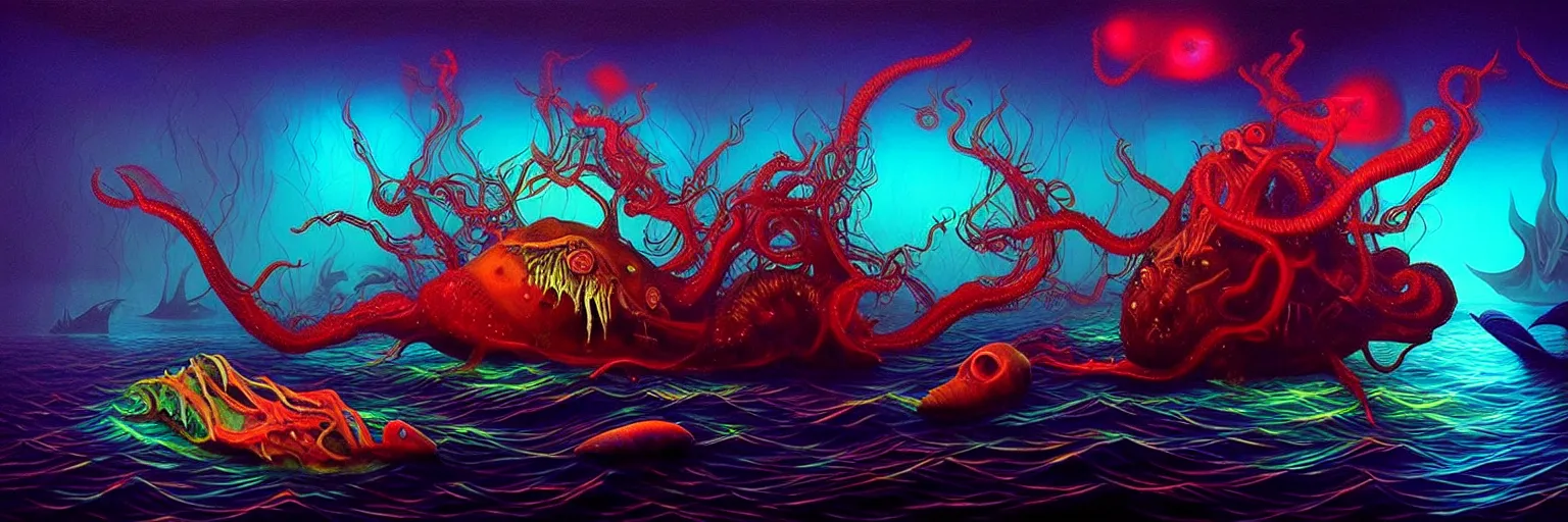 Prompt: strange sea creatures from the depths of the collective unconscious, dramatic lighting, surreal darkly colorful painting by ronny khalil