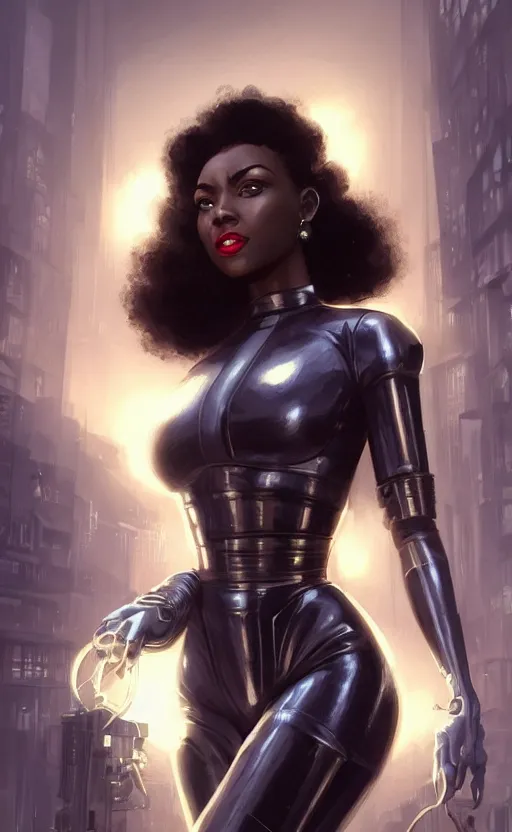 Prompt: an attractive young Black woman cyborg, clothed like a 1940s femme fatale, intricate, elegant, highly detailed, digital painting, film noir lighting, Blade Runner city background, trending on artstation, concept art, smooth, sharp focus, illustration, art by artgerm and greg rutkowski and alphonse mucha