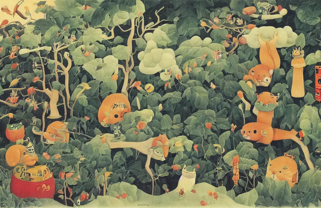 Image similar to the three body problem, style of henri rousseau and richard scarry and hiroshi yoshida, cinematic