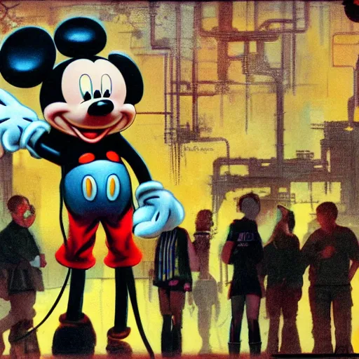 Image similar to a group of people standing around a mickey mouse, cyberpunk art by drew struzan, cgsociety, sots art, dystopian art, reimagined by industrial light and magic, concept art