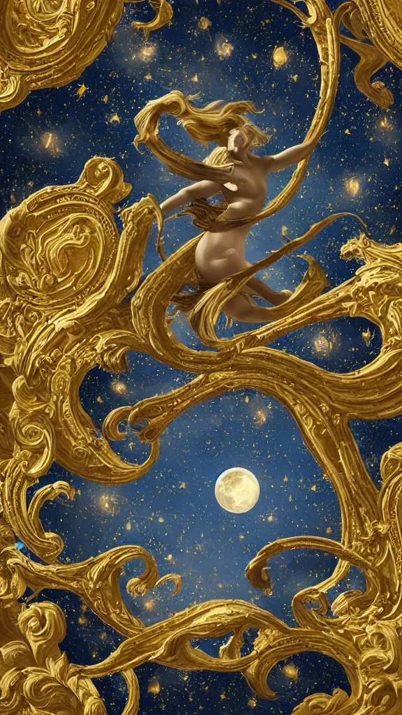 Image similar to sky in a starry night with glowing meteor showers, ascension of a woman decomposing and dissolving into moon, dark - blue black gold beige saturated, ornate baroque rococo art nouveau intricate detail, 3 d specular lighting, cinematic, blur