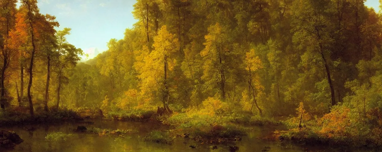 Prompt: beautiful forest scenery, distant mountains, river flowing through the verdant underbrush, distant clouds, cloud shadow, late autumn, painting by albert bierstadt and thomas cole