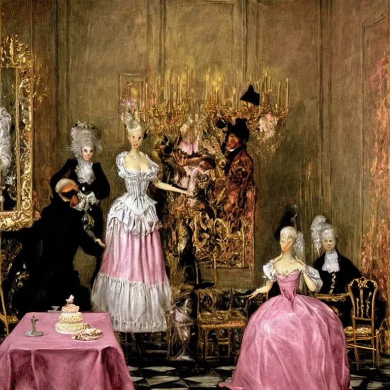 Image similar to Marie Antoinette cutting a pink cake. By El Greco, Remedios Varo, Salvador Dali, Carl Gustav Carus, John Atkinson Grimshaw.