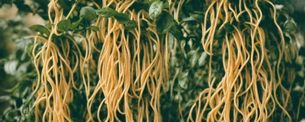 Image similar to zoomed in shot of spaghetti growing off a plant, on a bountiful farm, canon 5 0 mm, cinematic lighting, photography, retro, film, kodachrome