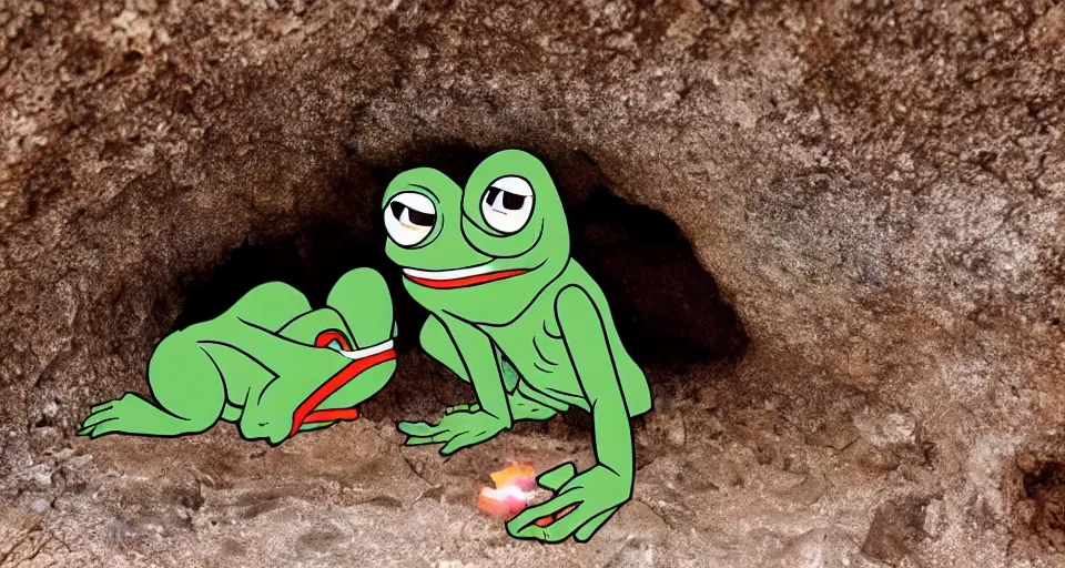 Image similar to pepe in a cave digging crystals