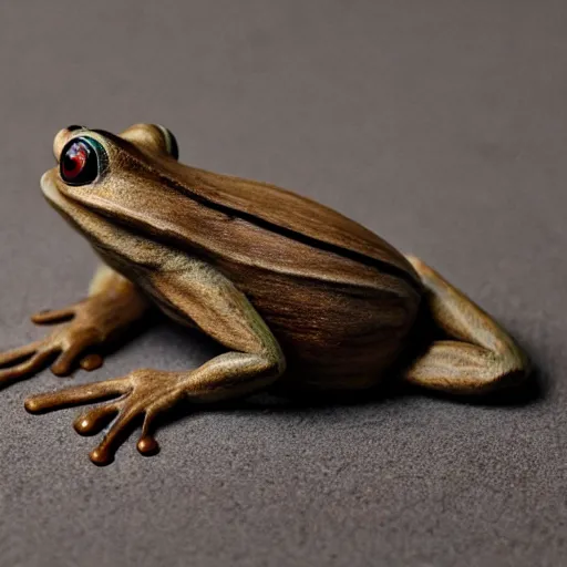 Prompt: a realistic wooden statue of a frog