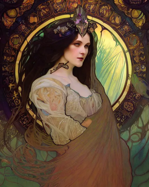 Prompt: alfons mucha and wlop detailed portrait digital rococo painting of a beautiful serious villainess wearing fantasy clothing like liliana vess, villainess has black angel wings, evil mood, hellish battlefield in the background, unreal engine, embers flying, hyper realism, realistic shading, cinematic composition, blender render, octane render, ultrawide shot