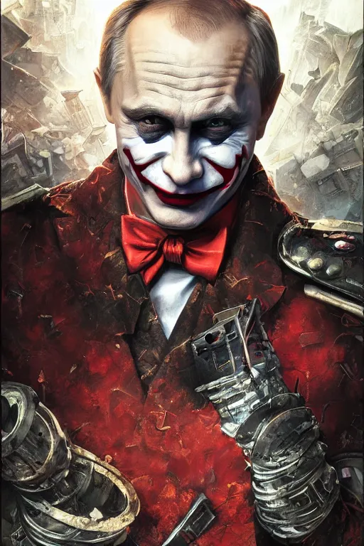 Prompt: portrait of vladimir putin as a joker in a city destroyed by war, realistic, high definition, 4 k, shimmering color, hyper detailed, art of greg rutkowski and magali villeneuve and artgerm