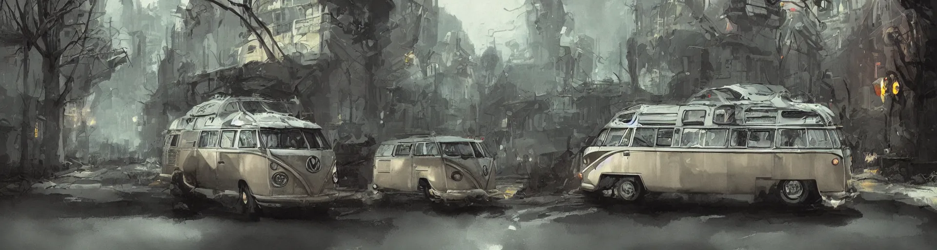 Prompt: vw bus on a street, illustration by greg rutkowski