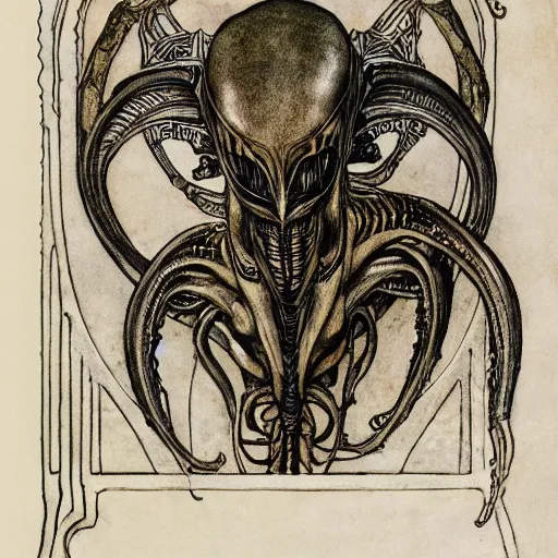 Prompt: a detailed, intricate watercolor and ink art nouveau portrait illustration with fine lines of h. r. giger's xenomorph alien head and torso, by arthur rackham and edmund dulac and lisbeth zwerger and alphonse mucha