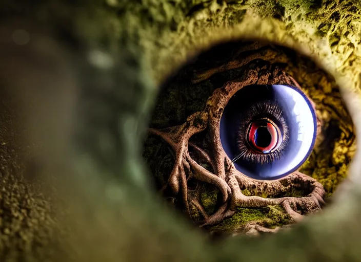 Image similar to photo of an eyeball in a cavern wrapped in roots underground. Fantasy magic style. Highly detailed 8k. Intricate. Nikon d850 55mm. Award winning photography.