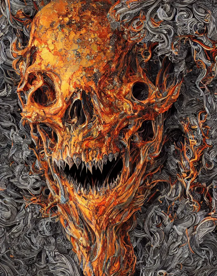 Image similar to portrait of a monster skull. thousands of teeth. burning water distortions. intricate abstract. intricate artwork. by Tooth Wu, wlop, beeple, dan mumford. octane render, trending on artstation, greg rutkowski very coherent symmetrical artwork. cinematic, hyper realism, high detail, octane render, 8k, depth of field, bokeh. flames