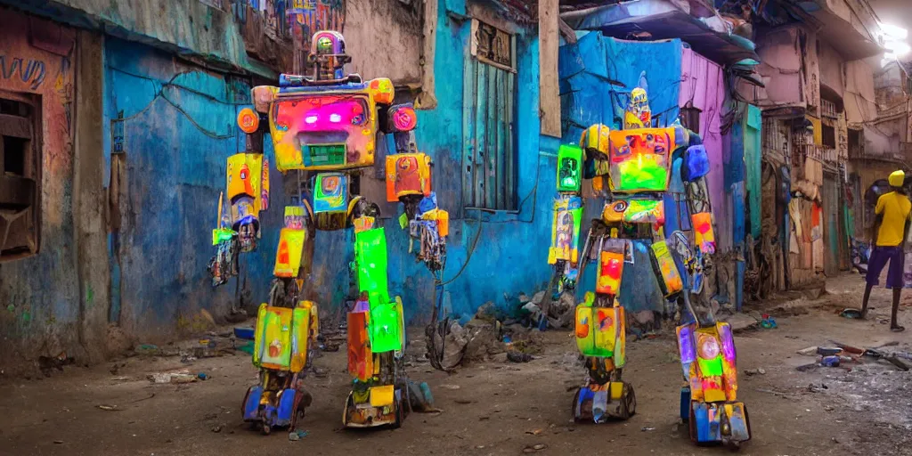 Image similar to colourful giant mecha ROBOT of AJEGUNLE SLUMS of Lagos, markings on robot, ajegunle is neon lit, Night,