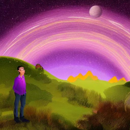 Prompt: idealized detailed image of a happy man thinking while in a dream-like environment, looking over a landscape of bright, vibrant mountains and starlit skies, the sky has purple/pink undertones and