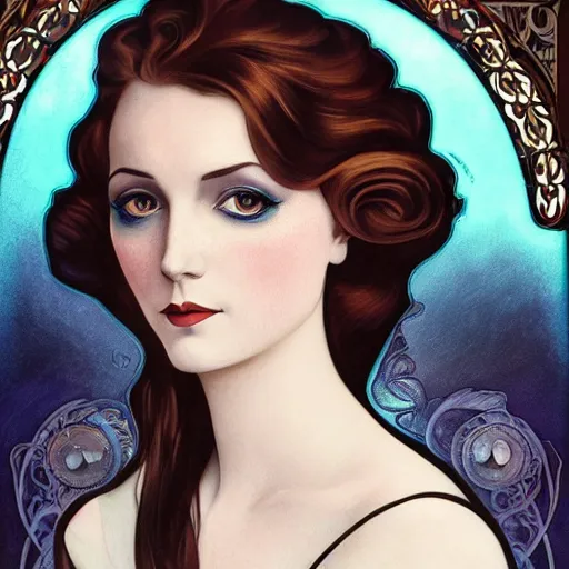 Image similar to an art nouveau, ( streamline moderne ) portrait in the style of anna dittmann and charlie bowater and alphonse mucha. very large, clear, expressive, and intelligent eyes. symmetrical, centered, ultrasharp focus, dramatic lighting, photorealistic digital matte painting, intricate ultra detailed background.