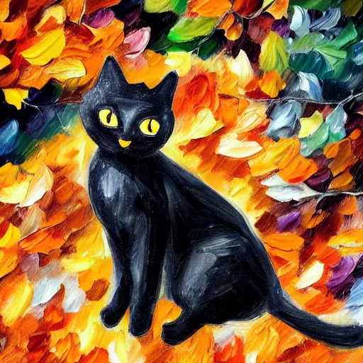 Image similar to black cat sitting on! dream halloween pumpkins in a pile of autumn leaves detailed painting in the style of leonid afremov 4 k