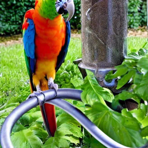 Image similar to a parrot drinking a beer from a garden hose,