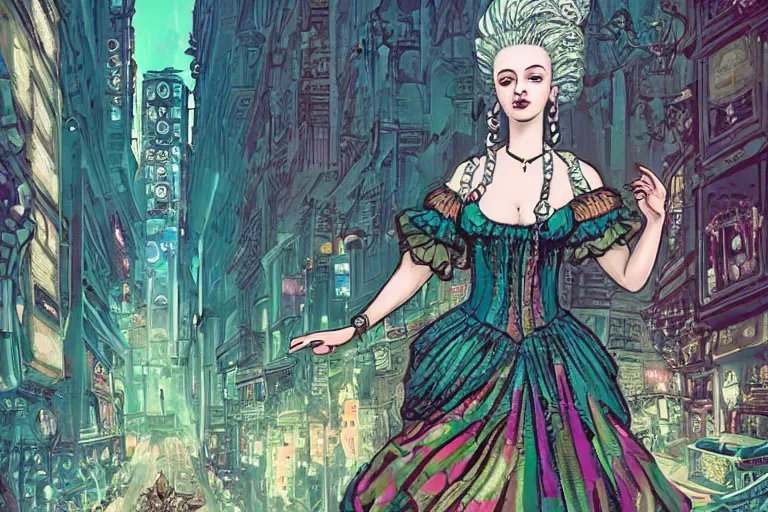 Prompt: Marie antoinette in a rococo dress as shaman dancing in with spirits in ornate cyberpunk city street, 2am, by Chiara Bautisya, blade runner, in style of Laurie Greasley, Jen Bartel, Background by Tarmo Juhola, kowloon, cinematography Roger Deakins,