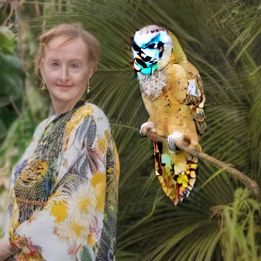 Prompt: Medium format portrait of a beautiful woman wearing a yellow kimono in a tropical greenhouse, she has a very detailed barn owl on her shoulder, ,graflex, 85mm f1.8, bokeh