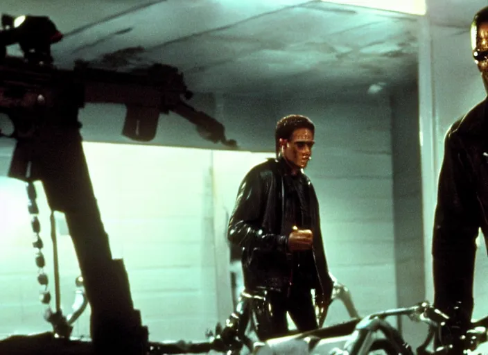 Image similar to Samuel L. Jackson plays Terminator wearing leather jacket and his endoskeleton is visible, action scene from the film