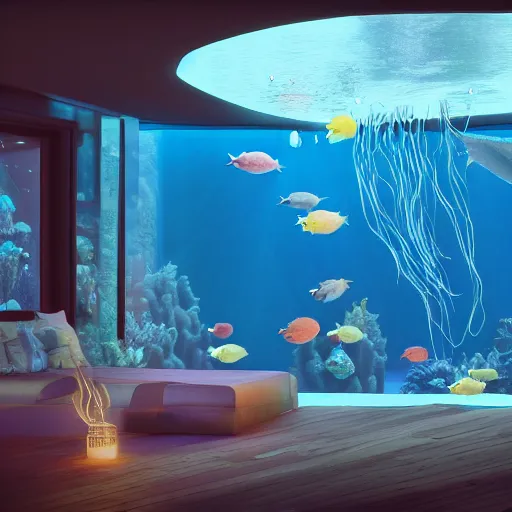 Prompt: the realistic photo of the modern fashionable room as aquarium with a chandelier as a big jellyfish, beautiful corals on the walls and dangerous sharks on the big panoramic window, a lot of gleans, under the ocean, realistic colors, realistic shadows, daylight made in blender and cinema 4 d, hd, 3 d by beeple and by greg rutkowski