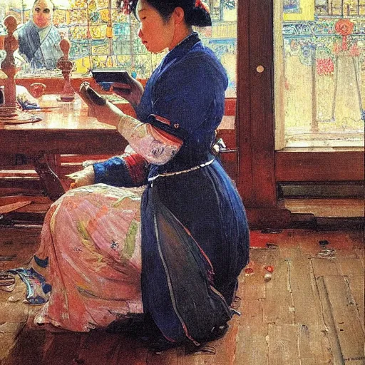 Prompt: portrait of asian beautiful woman watching smartphone masterpiece painting by vasnetsov and surikov, JEAN-VICTOR BERTIN, by Terence Cuneo, detailed, artfully traced, 4k resolution, cinematic