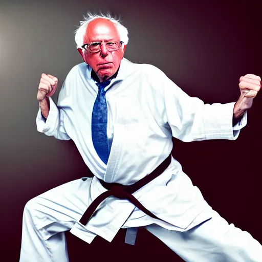 Image similar to Bernie Sanders doing Karate in his whitey tighties, vogue, perfect face, intricate, Sony a7R IV, symmetric balance, polarizing filter, Photolab, Lightroom, 4K, Dolby Vision, Photography Award