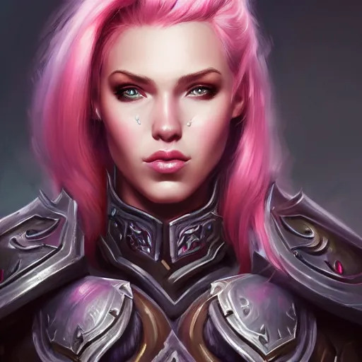 Image similar to a portrait of a very beautiful woman hunter in armor warcraft style armor. pink hair, bored, illustration, soft lighting, soft details, painting oil on canvas by mark arian by artgerm, trending on artstation, 4k, 8k, HD