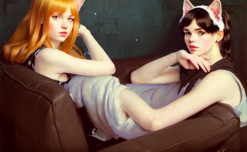 Prompt: portrait of several girls with cat ears, sitting on a couch, highkey, realistic, serov, surikov, vasnetsov, repin, kramskoi, ultra realistic, uplight, insanely detailed and intricate, charlie bowater, tom bagshaw, norman rockwell, octane rendered, unreal engine, illustration, trending on artstation, 8 k