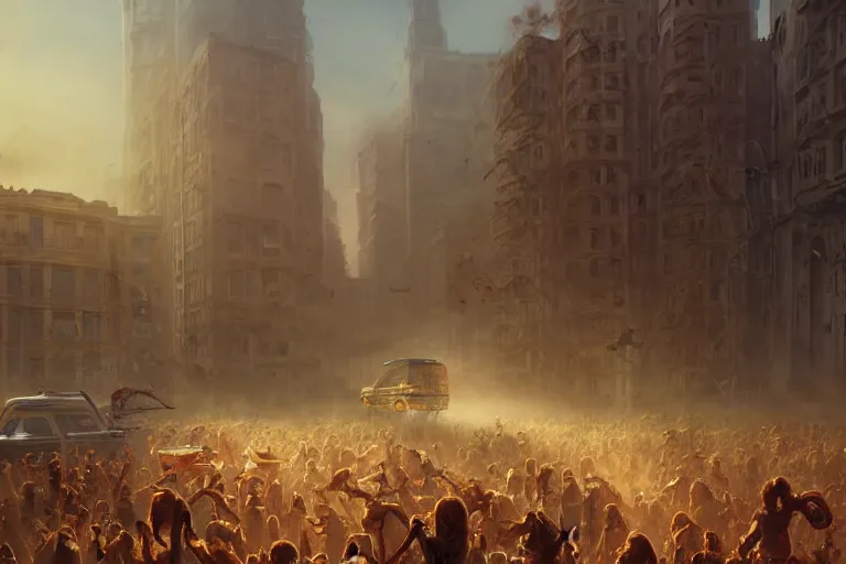 Prompt: a crowd zombies having a tailgate party, matte painting, long shot, concept art, wide shot, digital art, trending on artstation, 4 k, extremely detailed, realistic, midday, warm colors, golden sunlight, by greg rutkowski, cinematic, epic