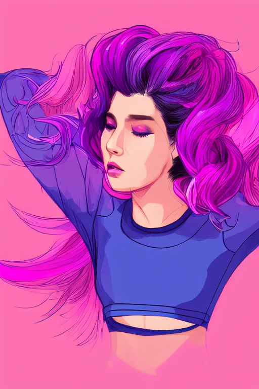 Image similar to a award winning half body porttrait of a beautiful woman in a croptop with ombre purple pink teal hairstyle with head in motion and hair flying, outrun, vaporware, shaded flat illustration, digital art, trending on artstation, highly detailed, fine detail, intricate