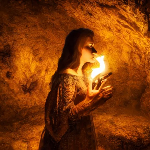 Prompt: old witch woman looking into a flame in a cave, golden glow, fantasy, high detail