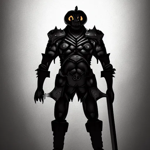 Prompt: [ horrific anthropomorphic pitch black muscular creature with armor glowing white eyes, holding a sword ]! standing in an [ immensely dark corridor ]!, digital art style, concept art, trending on [ artstation ], contest winner, award winning, 4 k quality