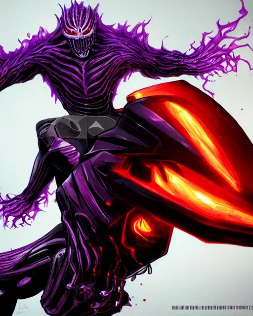 Image similar to ghost rider symbiote, purple and red variant, dynamic lighting, fantasy concept art, trending on art station, stunning visuals, creative, cinematic, ultra detailed, comic strip style