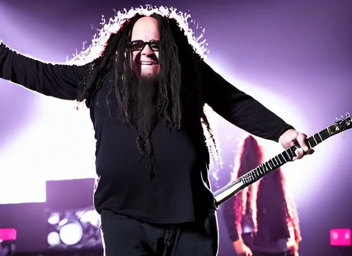 Image similar to publicity photo still of danny devito touring with korn live on stage, 8 k, live concert lighting, mid shot