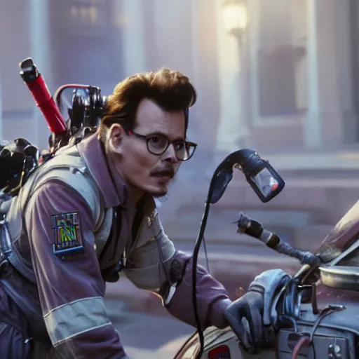 Prompt: Jonny Depp as a Ghostbuster in the movie Ghostbusters movie still 8k hdr