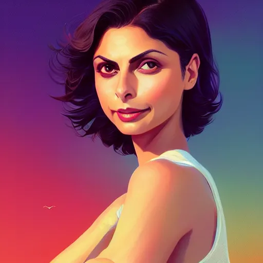 Prompt: Morena Baccarin, sunny day background, intricate, highly detailed, digital painting, artstation, official media, anime key visual, concept art, rich vivid colors, ambient lighting, sharp focus, illustration, art by Artgerm, Makoto Shinkai, Ilya Kuvshinov, Lois Van Baarle, and Rossdraws