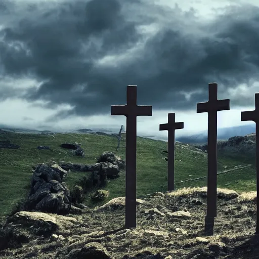 Image similar to cinematic still of three crosses on calvary hill, miraculous cloudy backdrop, Biblical epic movie directed by Peter Jackson, wallpaper, hd