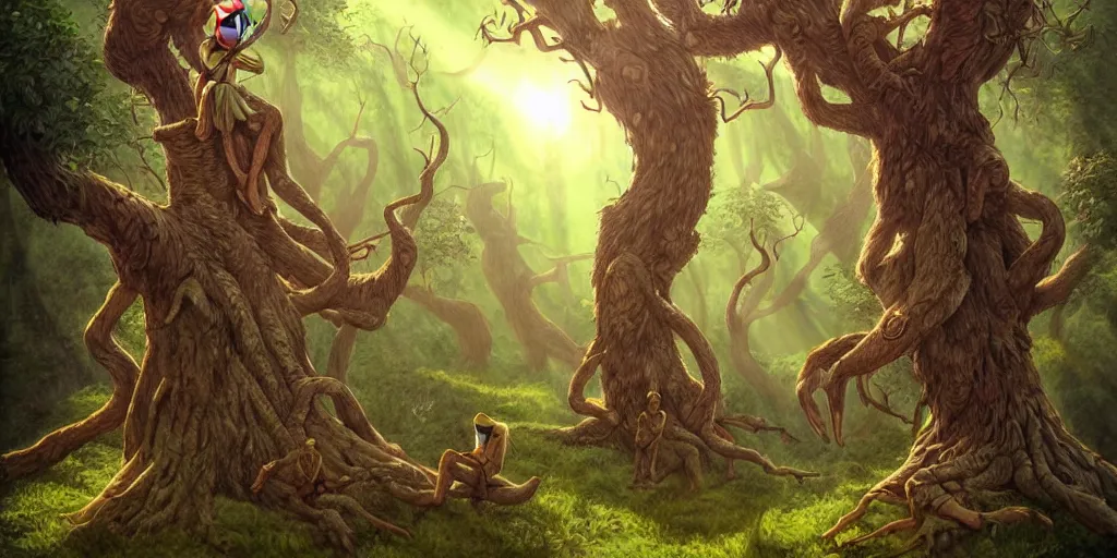 Prompt: tree people, daily deviation, classic fantasy art epilogue, magical forest, treefolk, ents, birds on branches, morning sunshine