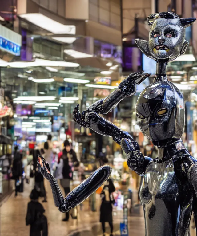 Image similar to high quality presentation photo of an evil robot anthropomorphic catwoman shopping in japan, photography 4k f1.8 anamorphic bokeh 4k Canon Nikon