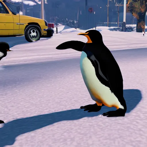 Prompt: gameplay footage of penguins in GTA V