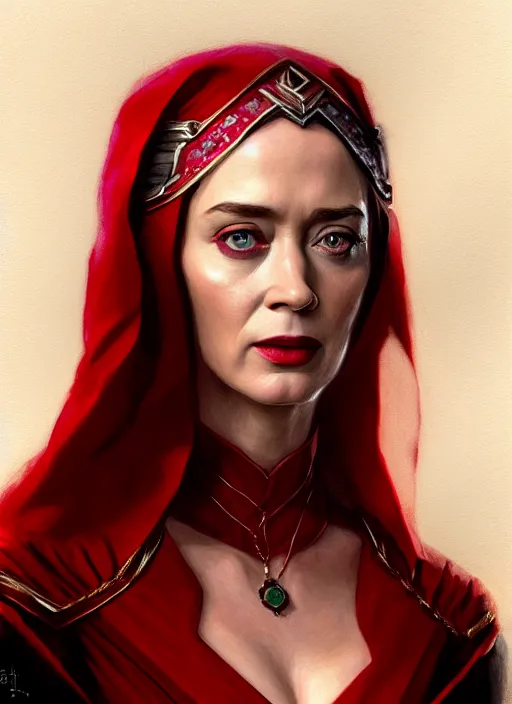 Image similar to portrait of emily blunt as scarlet witch, jewelry, greek, ruby, victorian age, 1 8 9 0, intricate, headshot, key visual, conceptart, ambient lighting, highly detailed, digital painting, artstation, concept art, sharp focus, by makoto shinkai and akihiko yoshida and greg manchess