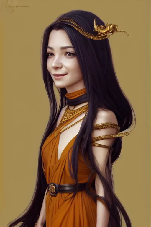 Prompt: a full body portrait of a gorgeous female monk, D&D, choker on neck, stylish dress, very long flowing hair, intricate, elegant, stylish, cute slightly nerdy smile, mouth slightly open, fantasy, highly detailed, digital painting, artstation, concept art, smooth, sharp focus, illustration, art by artgerm and greg rutkowski and alphonse mucha
